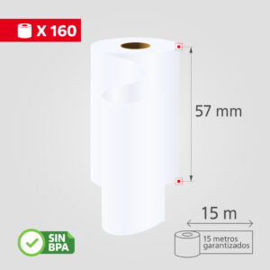 Rollos de Papel Térmico, 57mmx15m, (160 Rollos/Caja), SIN BPA