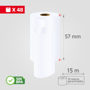 Rollos de Papel Térmico, 57mmx15m, (48 Rollos/Caja), SIN BPA