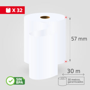 Rollos de Papel Térmico, 57mmx30m, (32 Rollos/Caja), SIN BPA (copia)