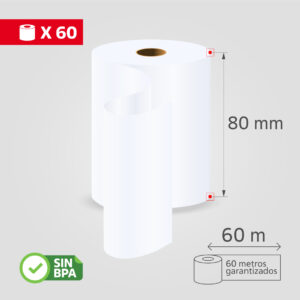 Rollos de Papel Térmico, 80mmx60m, (60 Rollos/Caja), SIN BPA