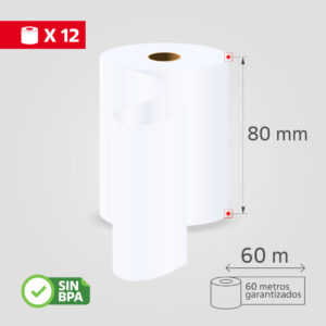 Rollos de Papel Térmico, 80mmx60m, (12 Rollos/Caja), SIN BPA (copia)