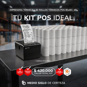 Kit Impresora POS Térmica + 30 Rollos 80x60, 48g