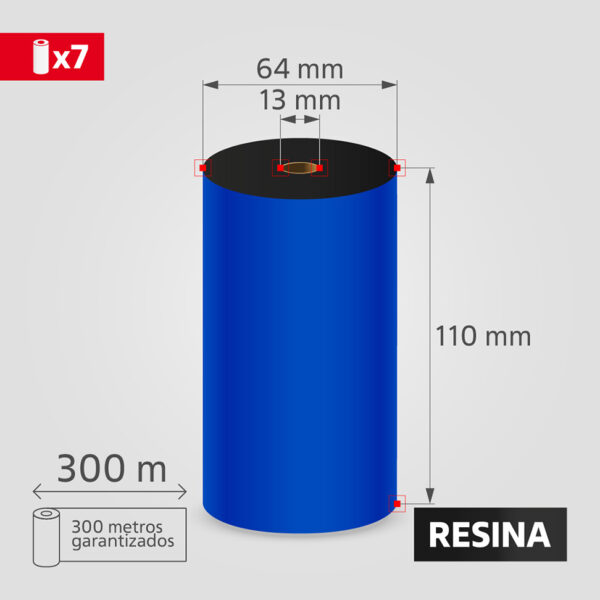Cinta Ribbon de Resina 110mm x 300m para Transferencia Térmica, (7 unidades)