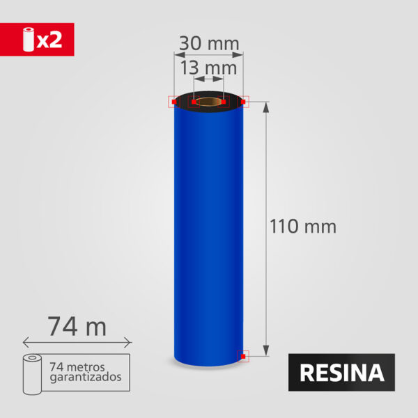 Cinta Ribbon de Resina 110mm x 74m para Transferencia Térmica, (2 unidades)