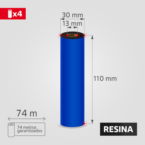 Cinta Ribbon de Resina 110mm x 74m para Transferencia Térmica, (4 unidades)