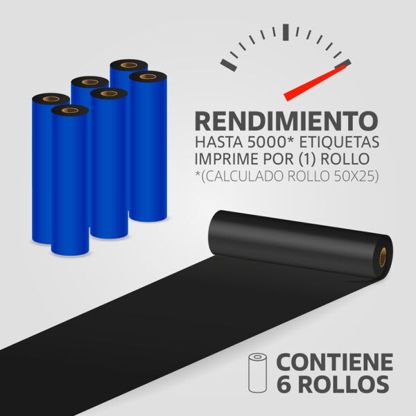 Cinta Ribbon de Resina 110mm x 74m para Transferencia Térmica, (6 unidades) - Imagen 2
