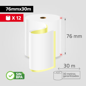Rollo Papel Químico Autocopiativo 76mm x 30m para Recibos, (Caja de 12 rollos)