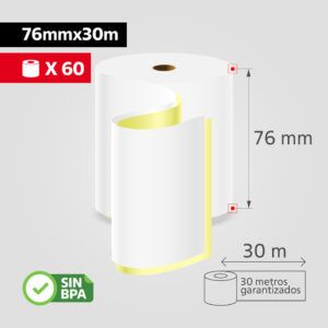 Rollo Papel Químico Autocopiativo 76mm x 30m para Recibos, (Caja de 60 rollos)
