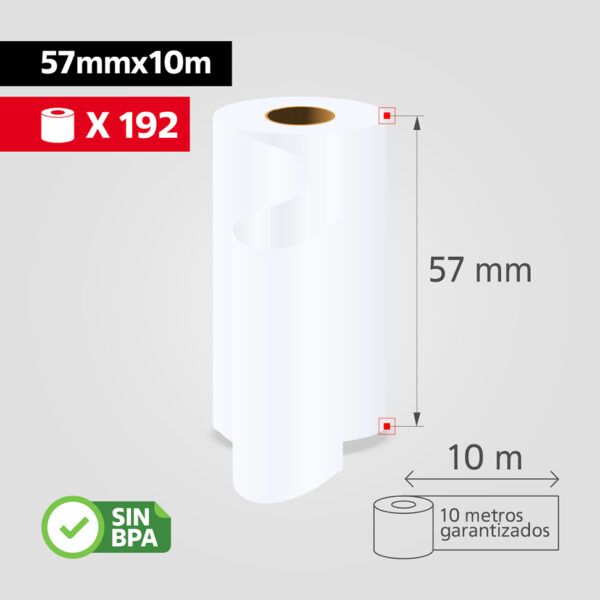Rollo Papel Térmico 57mm x 10m para Datáfono / Mini Impresora, (Caja de 192 rollos), SIN BPA