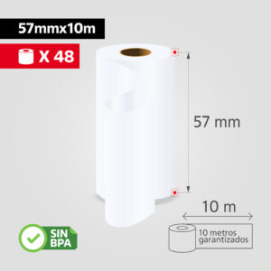 Rollo Papel Térmico 57mm x 10m para Datáfono / Mini Impresora, (Caja de 48 rollos), SIN BPA
