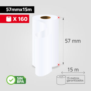 Rollo Papel Térmico 57mm x 15m para Datáfono y Recibos, (Caja de 160 rollos), SIN BPA