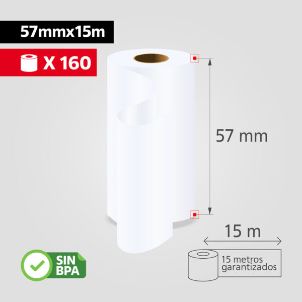 Rollo Papel Térmico 57mm x 15m para Datáfono y Recibos, (Caja de 160 rollos), SIN BPA