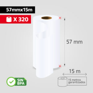Rollo Papel Térmico 57mm x 15m para Datáfono y Recibos, (Caja de 320 rollos), SIN BPA