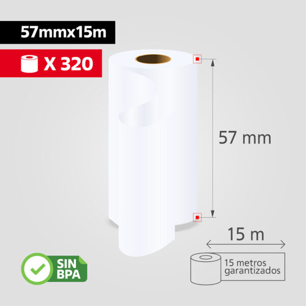 Rollo Papel Térmico 57mm x 15m para Datáfono y Recibos, (Caja de 320 rollos), SIN BPA