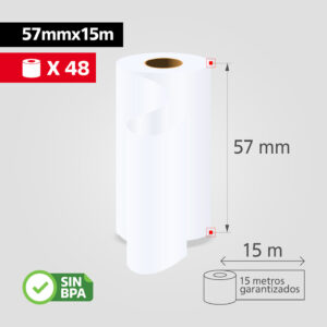 Rollo Papel Térmico 57mm x 15m para Datáfono y Recibos, (Caja de 48 rollos), SIN BPA