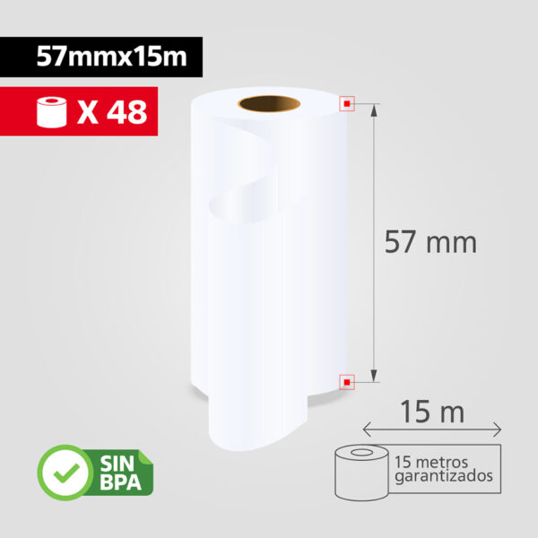 Rollo Papel Térmico 57mm x 15m para Datáfono y Recibos, (Caja de 48 rollos), SIN BPA