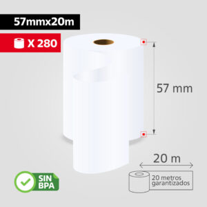 Rollo Papel Térmico 57mm x 20m para Caja Registradora / POS, (Caja de 280 rollos), SIN BPA