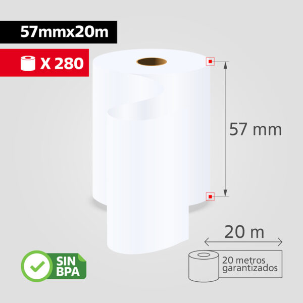 Rollo Papel Térmico 57mm x 20m para Caja Registradora / POS, (Caja de 280 rollos), SIN BPA
