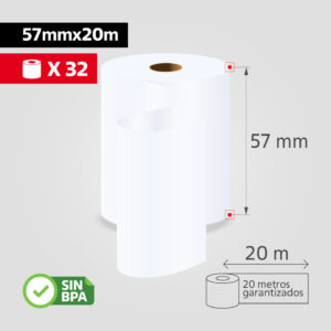Rollo Papel Térmico 57mm x 20m para Caja Registradora / POS, (Caja de 32 rollos), SIN BPA