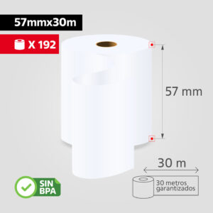 Rollo Papel Térmico 57mm x 30m para Impresoras Térmicas POS, (Caja de 192 rollos), SIN BPA