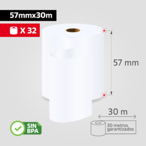 Rollo Papel Térmico 57mm x 30m para Impresoras Térmicas POS, (Caja de 32 rollos), SIN BPA