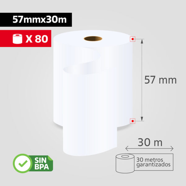 Rollo Papel Térmico 57mm x 30m para Impresoras Térmicas POS, (Caja de 80 rollos), SIN BPA