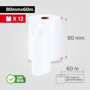 Rollo Papel Térmico 80mm x 60m para Impresora POS / Recibos, (Caja de 12 rollos), SIN BPA