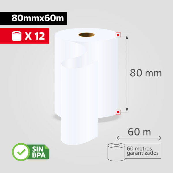 Rollo Papel Térmico 80mm x 60m para Impresora POS / Recibos, (Caja de 12 rollos), SIN BPA