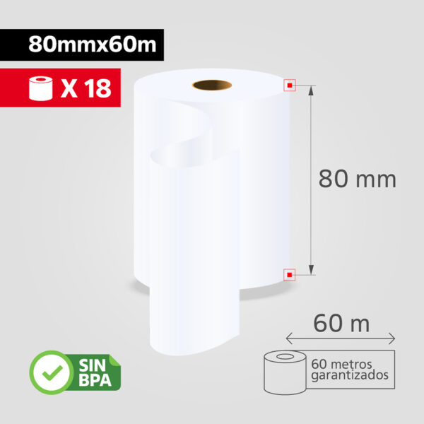 Rollo Papel Térmico 80mm x 60m para Impresora POS / Recibos, (Caja de 18 rollos), SIN BPA