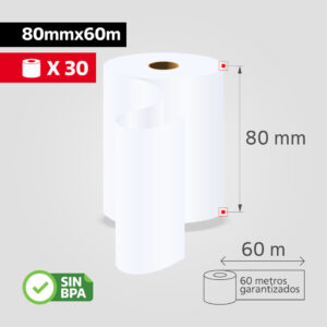 Rollo Papel Térmico 80mm x 60m para Impresora POS / Recibos, (Caja de 30 rollos), SIN BPA