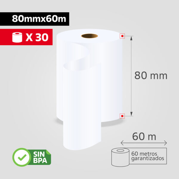 Rollo Papel Térmico 80mm x 60m para Impresora POS / Recibos, (Caja de 30 rollos), SIN BPA